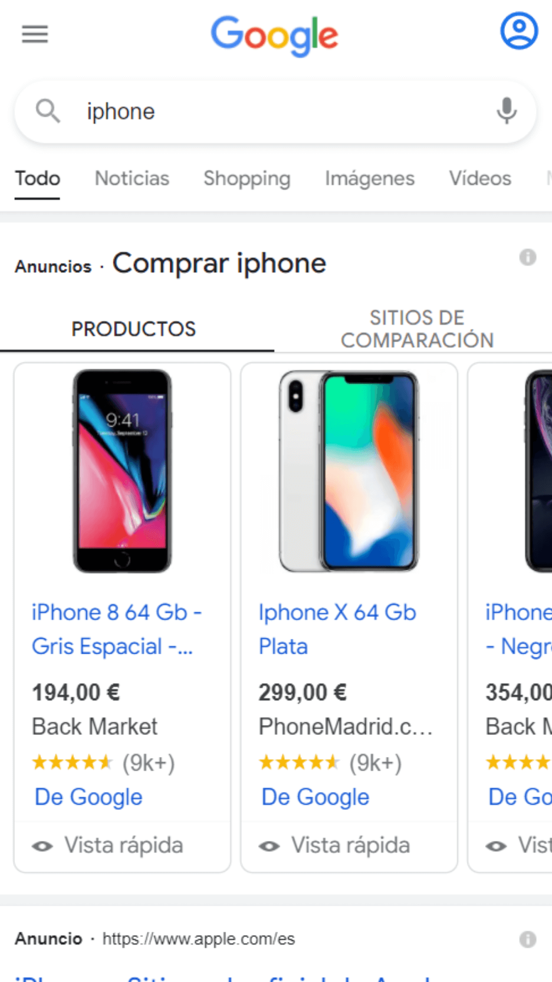 Anuncios Google Shopping iPhone
