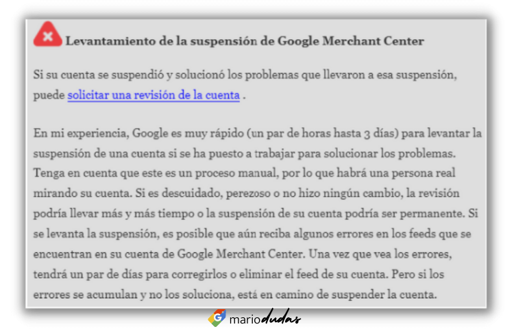 Levantamiento suspensión Google Merchant Center